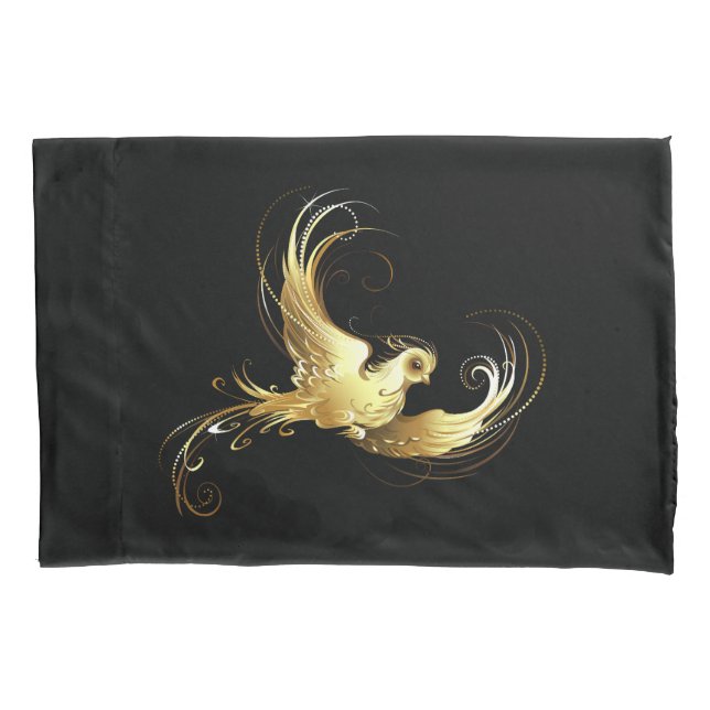 Golden Bird on Black Background Pillowcase (Front-Left)