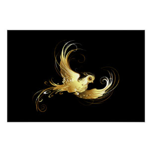 Golden Bird on Black Background Poster
