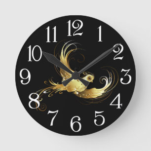 Golden Bird on Black Background Round Clock