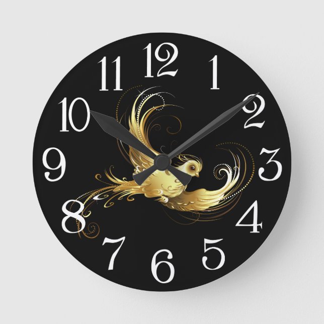 Golden Bird on Black Background Round Clock (Front)