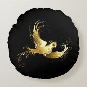 Golden Bird on Black Background Round Cushion