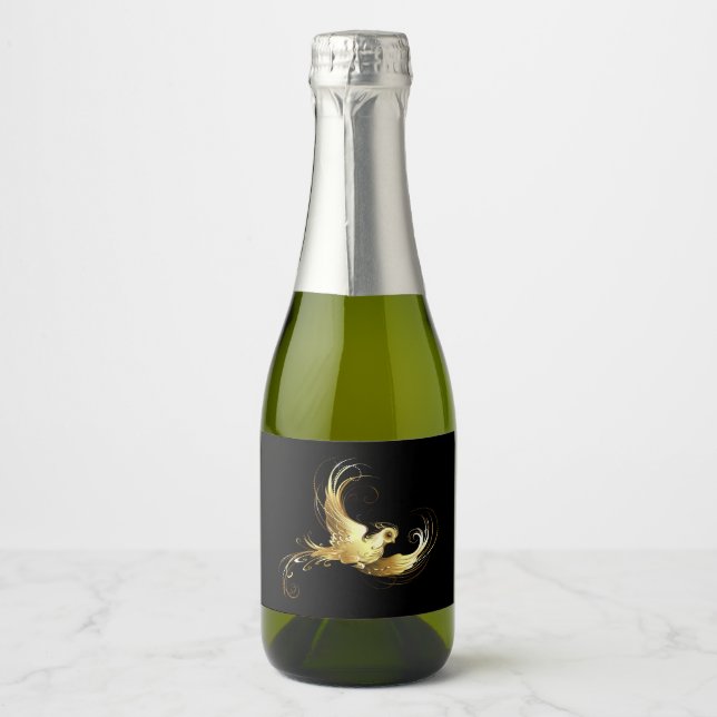 Golden Bird on Black Background Sparkling Wine Label (Front)