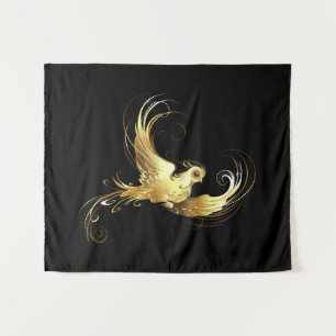 Golden Bird on Black Background Tapestry