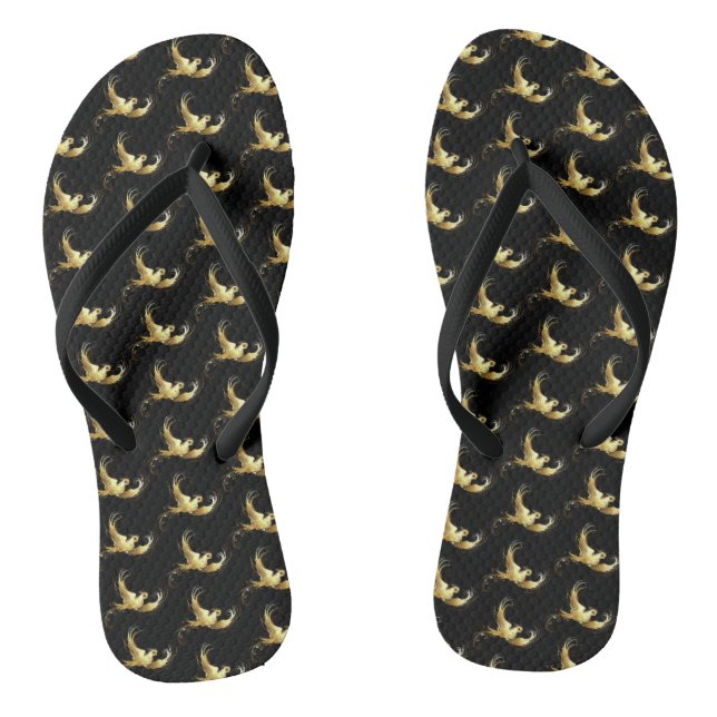 Golden Bird on Black Background Thongs (Footbed)