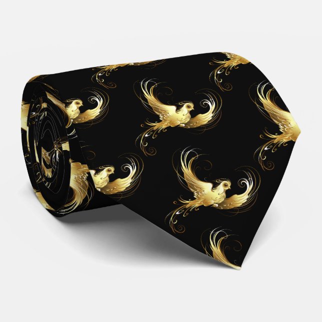 Golden Bird on Black Background Tie (Rolled)