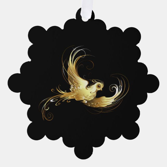 Golden Bird on Black Background Tree Decoration Card (Front)