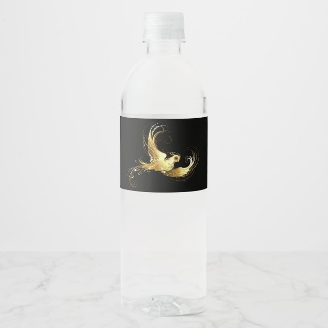 Golden Bird on Black Background Water Bottle Label (Front)