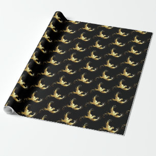 Golden Bird on Black Background Wrapping Paper