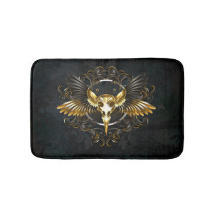 Golden Bird Skull on Black background Bath Mat