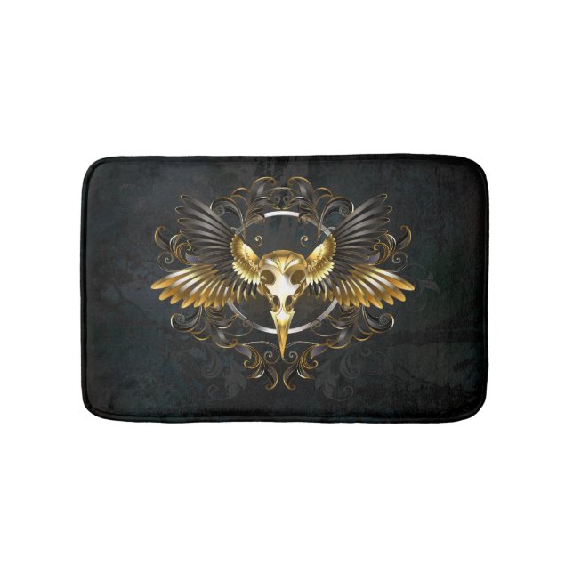 Golden Bird Skull on Black background Bath Mat (Front)