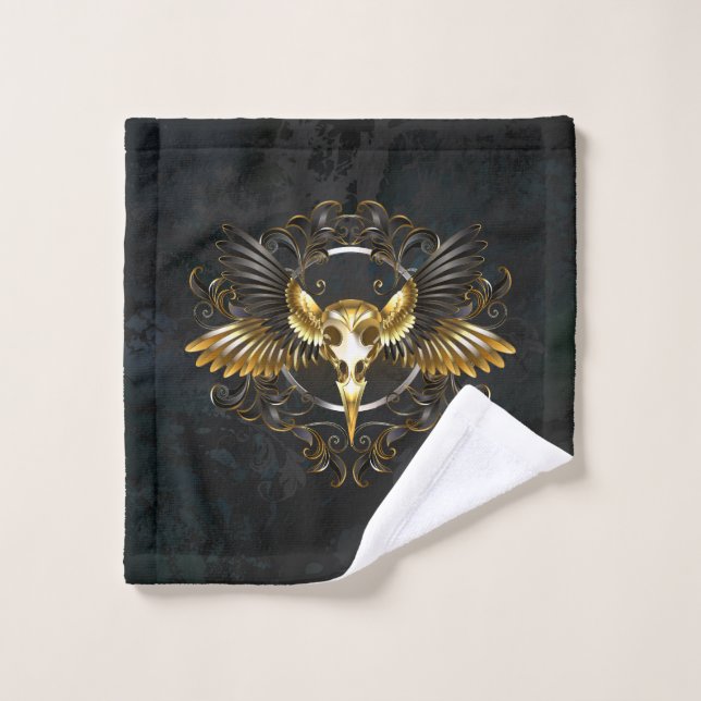 Golden Bird Skull on Black background Bath Towel Set (Wash Cloth)