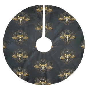 Golden Bird Skull on Black background Brushed Polyester Tree Skirt