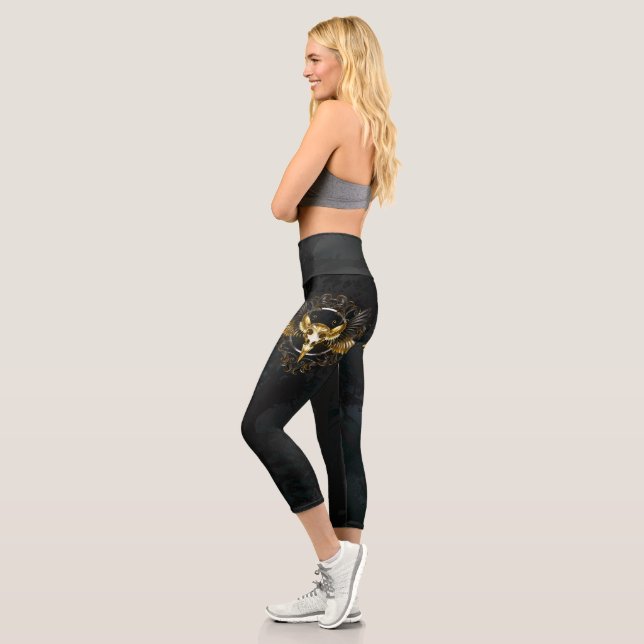 Golden Bird Skull on Black background Capri Leggings (Left)