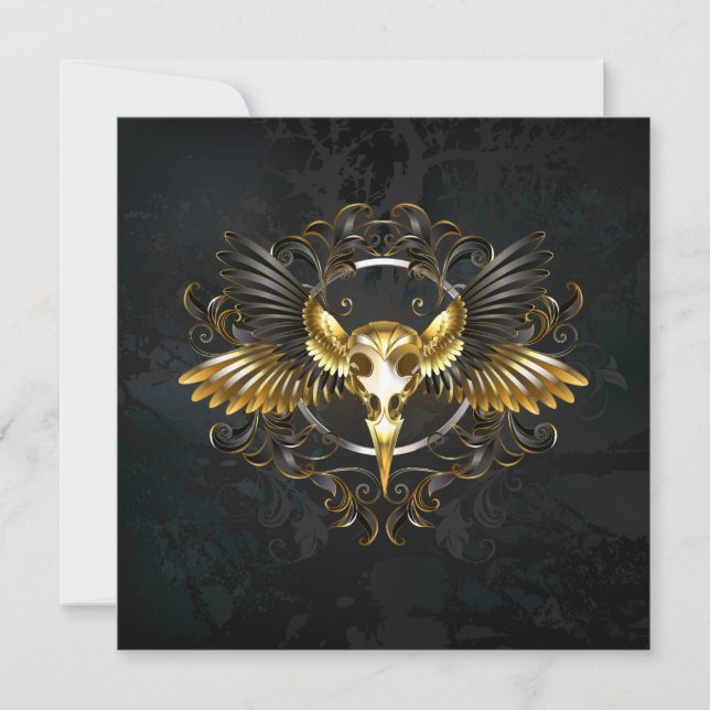 Golden Bird Skull on Black background Card (Front)
