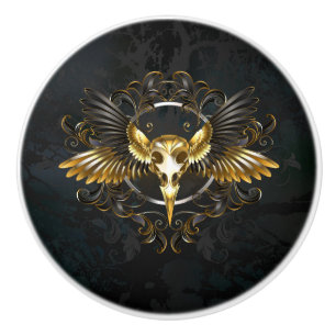 Golden Bird Skull on Black background Ceramic Knob