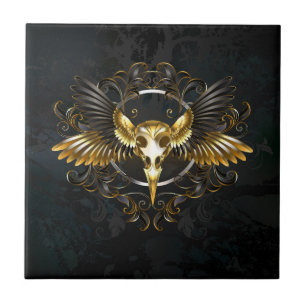 Golden Bird Skull on Black background Ceramic Tile