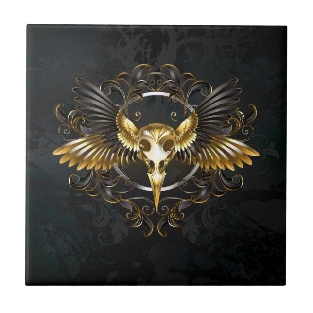 Golden Bird Skull on Black background Ceramic Tile (Front)