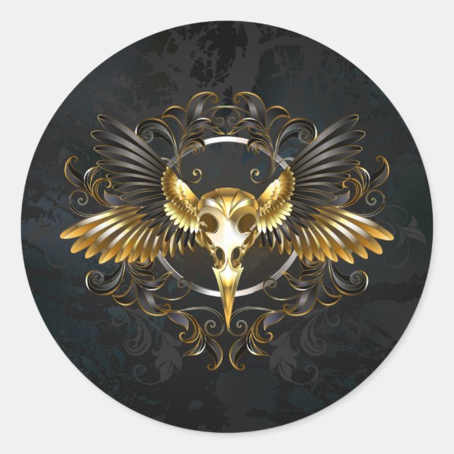 Golden Bird Skull on Black background Classic Round Sticker (Front)