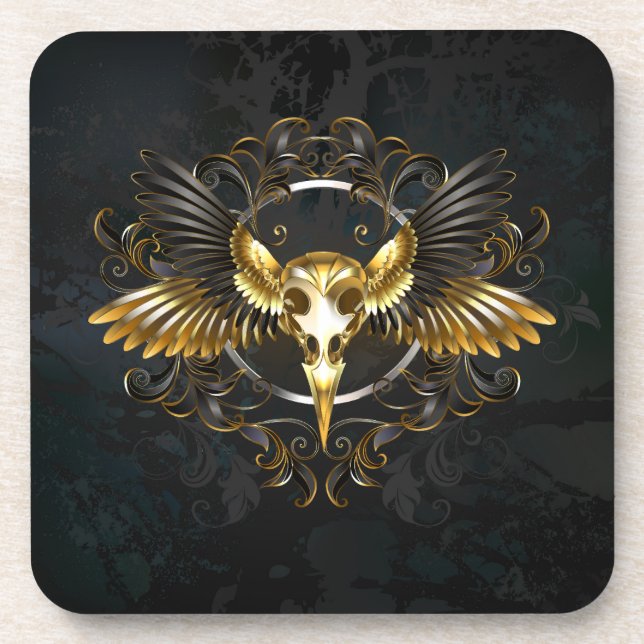 Golden Bird Skull on Black background Coaster (Front)