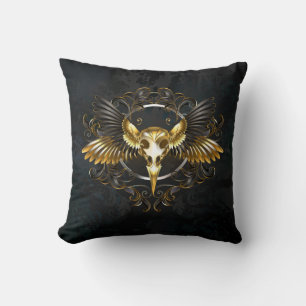 Golden Bird Skull on Black background Cushion