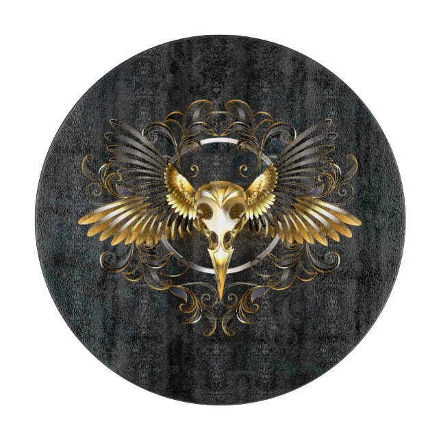 Golden Bird Skull on Black background Cutting Board (Front)