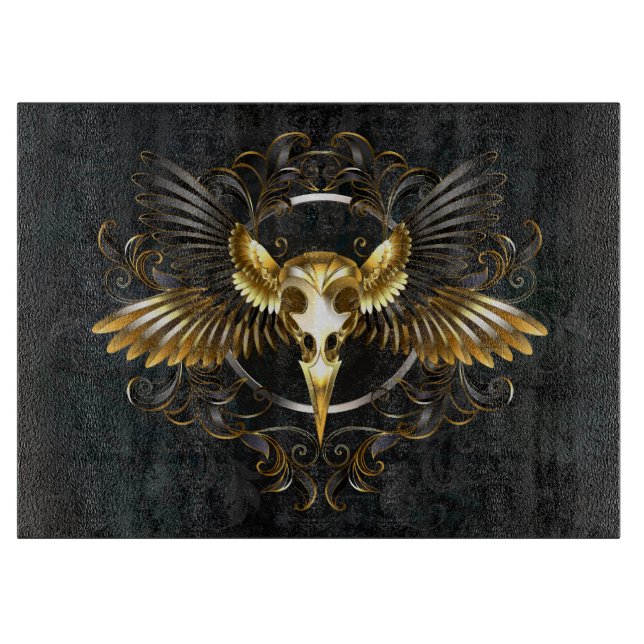 Golden Bird Skull on Black background Cutting Board (Front)