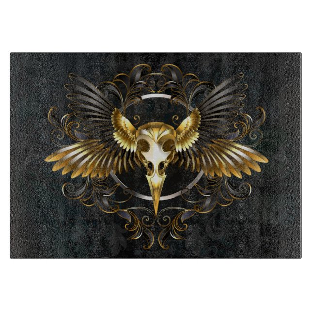 Golden Bird Skull on Black background Cutting Board (Front)