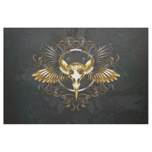 Golden Bird Skull on Black background Fabric