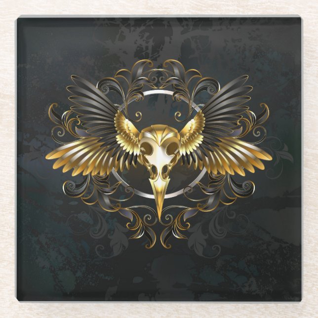 Golden Bird Skull on Black background Glass Coaster (Front)