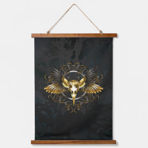 Golden Bird Skull on Black background Hanging Tapestry