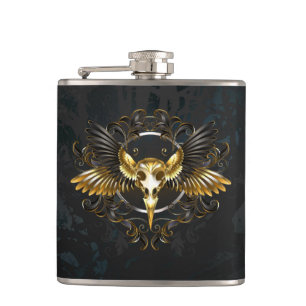Golden Bird Skull on Black background Hip Flask