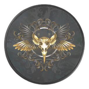 Golden Bird Skull on Black background Hockey Puck