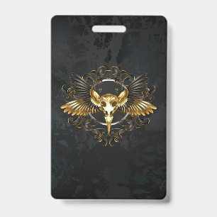 Golden Bird Skull on Black background ID Badge