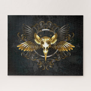 Golden Bird Skull on Black background Jigsaw Puzzle