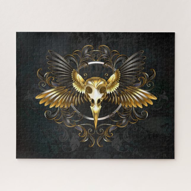 Golden Bird Skull on Black background Jigsaw Puzzle (Horizontal)
