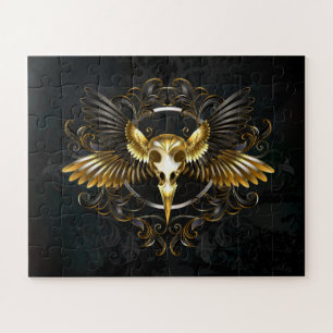 Golden Bird Skull on Black background Jigsaw Puzzle