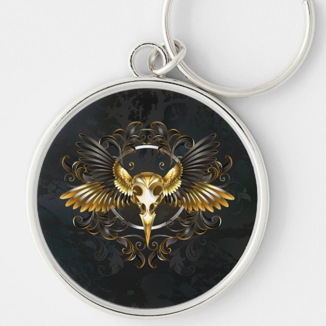 Golden Bird Skull on Black background Key Ring (Front)