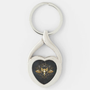 Golden Bird Skull on Black background Key Ring