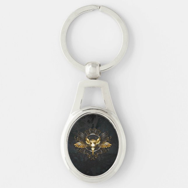 Golden Bird Skull on Black background Key Ring (Front)