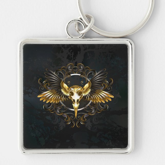 Golden Bird Skull on Black background Key Ring (Front)