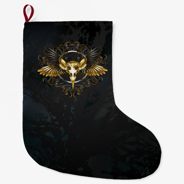 Golden Bird Skull on Black background Large Christmas Stocking (Front)