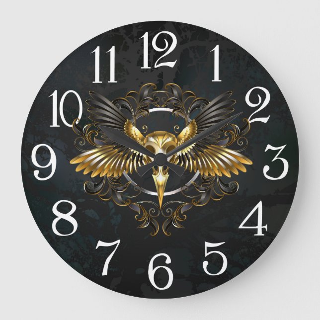 Golden Bird Skull on Black background Large Clock (Front)