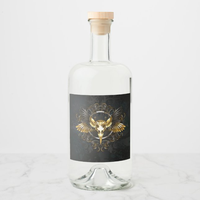 Golden Bird Skull on Black background Liquor Bottle Label (Front)