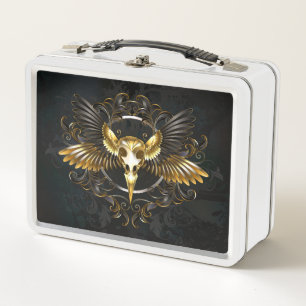 Golden Bird Skull on Black background Metal Lunch Box