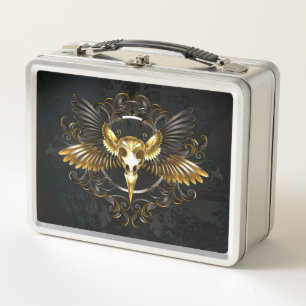 Golden Bird Skull on Black background Metal Lunch Box