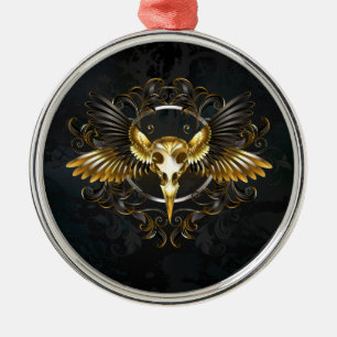 Golden Bird Skull on Black background Metal Ornament