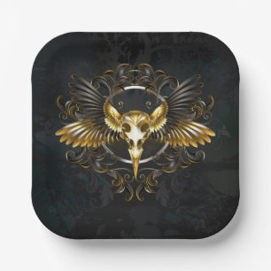 Golden Bird Skull on Black background Paper Plate
