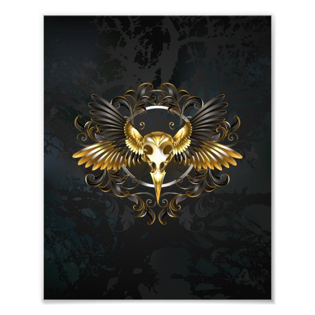 Golden Bird Skull on Black background Photo Print (Front)