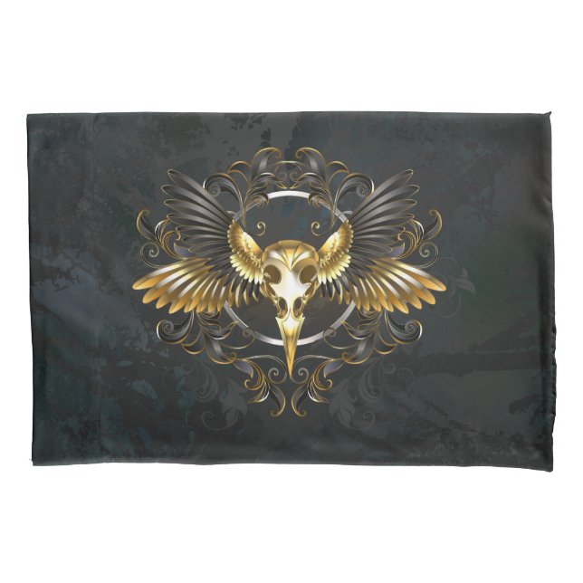Golden Bird Skull on Black background Pillowcase (Front)