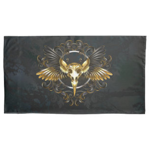 Golden Bird Skull on Black background Pillowcase